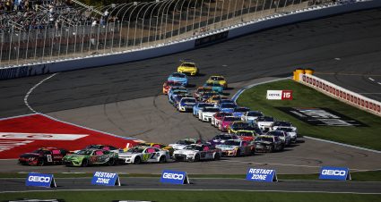 CONCORD, NORTH CAROLINA - OCTOBER 08: Kyle Busch, driver of the #8 Lenovo Chevrolet, and Ty Gibbs, driver of the #54 Interstate Batteries All Battery Center Toyota, lead the field during the NASCAR Cup Series Bank of America ROVAL 400 at Charlotte Motor Speedway on October 08, 2023 in Concord, North Carolina. (Photo by James Gilbert/Getty Images) | Getty Images