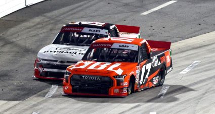 MARTINSVILLE, VIRGINIA - NOVEMBER 01: Taylor Gray, driver of the #17 JBL Toyota, bumps Christian Eckes, driver of the #19 Gates Hydraulics Chevrolet, after Eckes won the NASCAR Craftsman Truck Series Zip Buy Now, Pay Later 200 at Martinsville Speedway on November 01, 2024 in Martinsville, Virginia. (Photo by Jared C. Tilton/Getty Images) | Getty Images