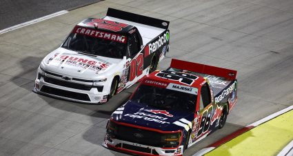 MARTINSVILLE, VIRGINIA - NOVEMBER 01: Ty Majeski, driver of the #98 Road Ranger Ford, and Dylan Lupton, driver of the #02 RANDCO Chevrolet, race during the NASCAR Craftsman Truck Series Zip Buy Now, Pay Later 200 at Martinsville Speedway on November 01, 2024 in Martinsville, Virginia. (Photo by Jared C. Tilton/Getty Images) | Getty Images