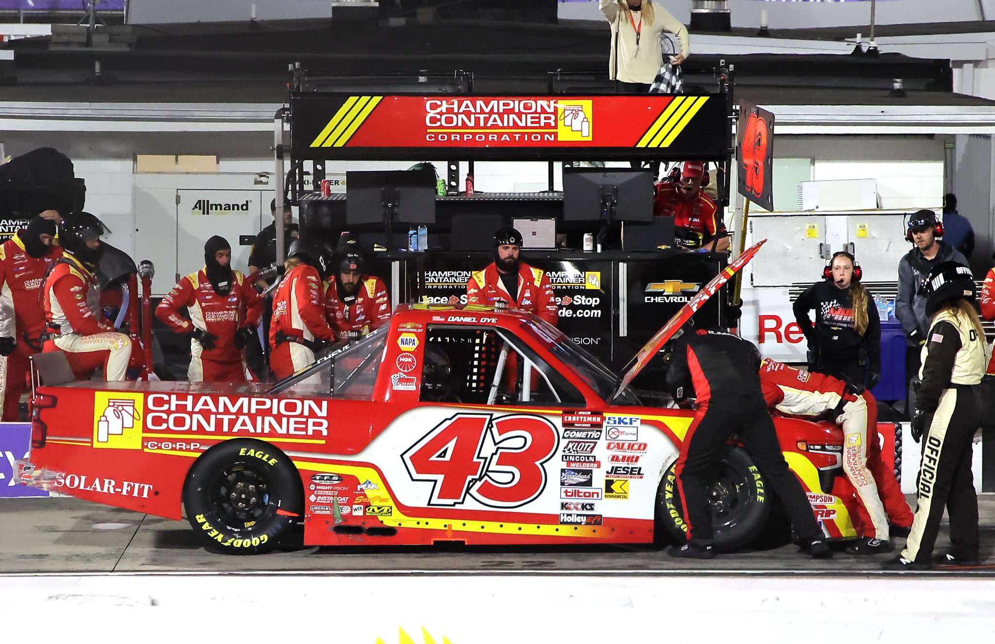 MARTINSVILLE, VIRGINIA - NOVEMBER 01: Daniel Dye, driver of the #43 Champion Container Chevrolet, pits during the NASCAR Craftsman Truck Series Zip Buy Now, Pay Later 200 at Martinsville Speedway on November 01, 2024 in Martinsville, Virginia. (Photo by Jonathan Bachman/Getty Images) | Getty Images