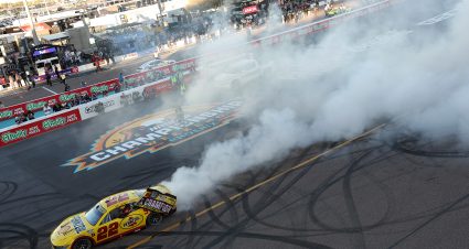 AVONDALE, ARIZONA - NOVEMBER 10: Joey Logano, driver of the #22 Shell Pennzoil Ford, celebrates with a burnout after winning the NASCAR Cup Series Championship Race at Phoenix Raceway on November 10, 2024 in Avondale, Arizona. (Photo by Meg Oliphant/Getty Images) | Getty Images