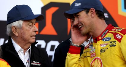AVONDALE, ARIZONA - NOVEMBER 10: Joey Logano, driver of the #22 Shell Pennzoil Ford, speaks to Team Penske owner, Roger Penske in victory lane after winning the NASCAR Cup Series Championship Race at Phoenix Raceway on November 10, 2024 in Avondale, Arizona. (Photo by James Gilbert/Getty Images) | Getty Images