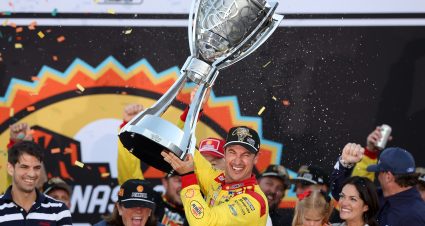 AVONDALE, ARIZONA - NOVEMBER 10: Joey Logano, driver of the #22 Shell Pennzoil Ford, celebrates with the Bill France NASCAR Cup Series Championship trophy in victory lane after winning the NASCAR Cup Series Championship Race at Phoenix Raceway on November 10, 2024 in Avondale, Arizona. (Photo by Meg Oliphant/Getty Images) | Getty Images