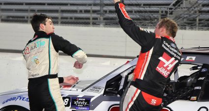 MARTINSVILLE, VIRGINIA - NOVEMBER 02: Chandler Smith, driver of the #81 QuickTie Toyota, (L) and Cole Custer, driver of the #00 Haas Automation Ford, get into an altercation after the NASCAR Xfinity Series National Debt Relief 250 at Martinsville Speedway on November 02, 2024 in Martinsville, Virginia. (Photo by Jonathan Bachman/Getty Images) | Getty Images