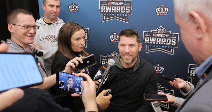 CHARLOTTE, NORTH CAROLINA - NOVEMBER 22: Denny Hamlin speaks with the media prior to the NASCAR Awards and Champion Celebration at Charlotte Convention Center on November 22, 2024 in Charlotte, North Carolina. (Photo by Jonathan Bachman/Getty Images) | Getty Images