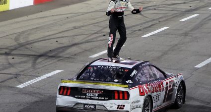 MARTINSVILLE, VIRGINIA - NOVEMBER 03: Ryan Blaney, driver of the #12 Discount Tire Ford, celebrates after winning the NASCAR Cup Series Xfinity 500 at Martinsville Speedway on November 03, 2024 in Martinsville, Virginia. (Photo by Jonathan Bachman/Getty Images) | Getty Images