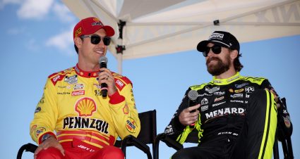 AVONDALE, ARIZONA - NOVEMBER 07: NASCAR Cup Series Championship 4 drivers, Joey Logano (L) and Ryan Blaney attend a fan event during the NASCAR Championship 4 Media Day at Phoenix Raceway on November 07, 2024 in Avondale, Arizona. (Photo by James Gilbert/Getty Images) | Getty Images