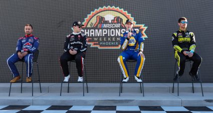 AVONDALE, ARIZONA - NOVEMBER 07: (L-R) NASCAR Craftsman Truck Series Championship 4 drivers,  Ty Majeski, Corey Heim, Christian Eckes, and Grant Enfinger attend a fan event during the NASCAR Championship 4 Media Day at Phoenix Raceway on November 07, 2024 in Avondale, Arizona. (Photo by Meg Oliphant/Getty Images) | Getty Images