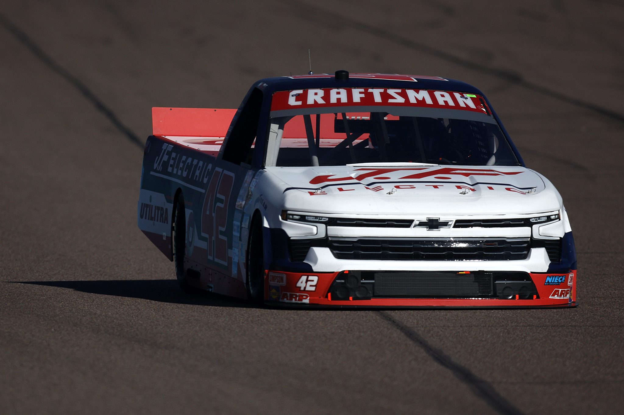 AVONDALE, ARIZONA - NOVEMBER 08: Matt Mills, driver of the #42 J.F. Electric/Utilitra Chevrolet, drives during qualifying for the NASCAR Craftsman Truck Series Championship Race at Phoenix Raceway on November 08, 2024 in Avondale, Arizona. (Photo by Sean Gardner/Getty Images) | Getty Images