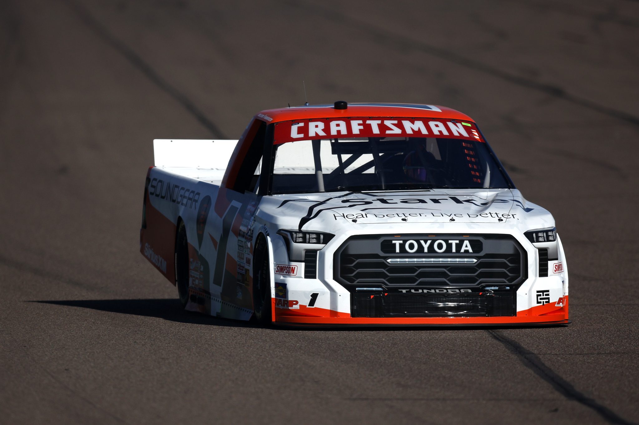 AVONDALE, ARIZONA - NOVEMBER 08: William Sawalich, driver of the #1 Starkey/Soundgear Toyota, drives during qualifying for the NASCAR Craftsman Truck Series Championship Race at Phoenix Raceway on November 08, 2024 in Avondale, Arizona. (Photo by Sean Gardner/Getty Images) | Getty Images