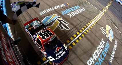 AVONDALE, ARIZONA - NOVEMBER 08: Ty Majeski, driver of the #98 Road Ranger Ford, takes the checkered flag to win the NASCAR Craftsman Truck Series Championship Race at Phoenix Raceway on November 08, 2024 in Avondale, Arizona. (Photo by Meg Oliphant/Getty Images) | Getty Images