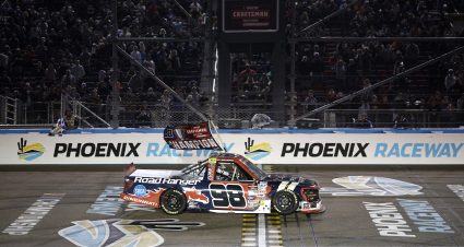 AVONDALE, ARIZONA - NOVEMBER 08: Ty Majeski, driver of the #98 Road Ranger Ford, celebrates after winning the NASCAR Craftsman Truck Series Championship Race at Phoenix Raceway on November 08, 2024 in Avondale, Arizona. (Photo by Chris Graythen/Getty Images) | Getty Images