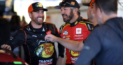 AVONDALE, ARIZONA - NOVEMBER 08: Martin Truex Jr., driver of the #19 Bass Pro Shops Toyota, shares a laugh with his crew in the garage area during practice for the NASCAR Cup Series Championship Race at Phoenix Raceway on November 08, 2024 in Avondale, Arizona. (Photo by James Gilbert/Getty Images) | Getty Images