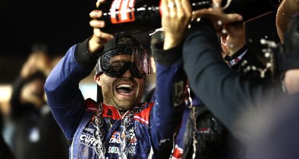 AVONDALE, ARIZONA - NOVEMBER 08: Ty Majeski, driver of the #98 Road Ranger Ford, and crew celebrate with champagne in victory lane after winning the NASCAR Craftsman Truck Series Championship Race at Phoenix Raceway on November 08, 2024 in Avondale, Arizona. (Photo by Jared C. Tilton/Getty Images) | Getty Images