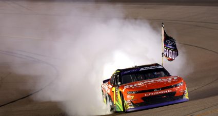 AVONDALE, ARIZONA - NOVEMBER 09: Justin Allgaier, driver of the #7 BRANDT Chevrolet, celebrates with a burnout after winning the 2024 NASCAR Xfinity Series Championship in the NASCAR Xfinity Series Championship Race at Phoenix Raceway on November 09, 2024 in Avondale, Arizona. (Photo by Meg Oliphant/Getty Images) | Getty Images