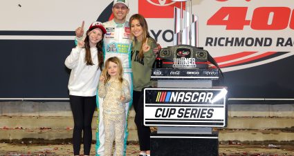 RICHMOND, VIRGINIA - MARCH 31: Denny Hamlin, driver of the #11 Mavis Tires & Brakes Toyota, celebrates with Jordan Fish and daughters, Taylor Hamlin (L) and Molly Hamlin in Victory Lane after winning the NASCAR Cup Series Toyota Owners 400 at Richmond Raceway on March 31, 2024 in Richmond, Virginia. (Photo by Jonathan Bachman/Getty Images) | Getty Images
