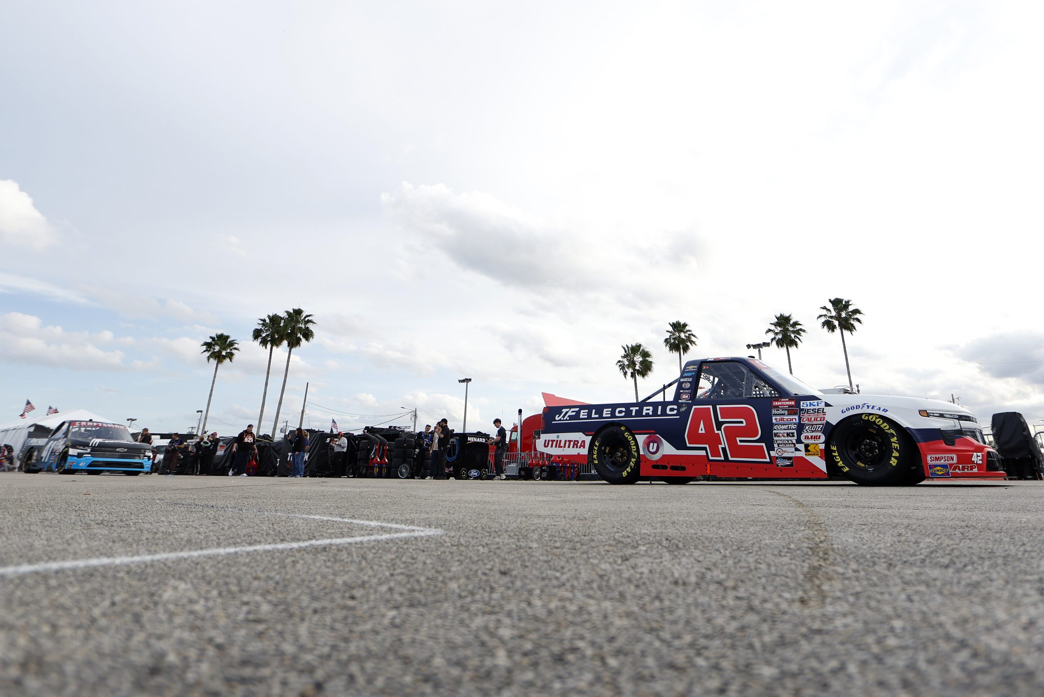 DAYTONA BEACH, FLORIDA - FEBRUARY 15: Matt Mills, driver of the #42 J.F. Electric/Utilitra Chevrolet, exits the garage area during practice for the NASCAR Craftsman Truck Series Fresh from Florida 250 at Daytona International Speedway on February 15, 2024 in Daytona Beach, Florida. (Photo by Mike Ehrmann/Getty Images) | Getty Images