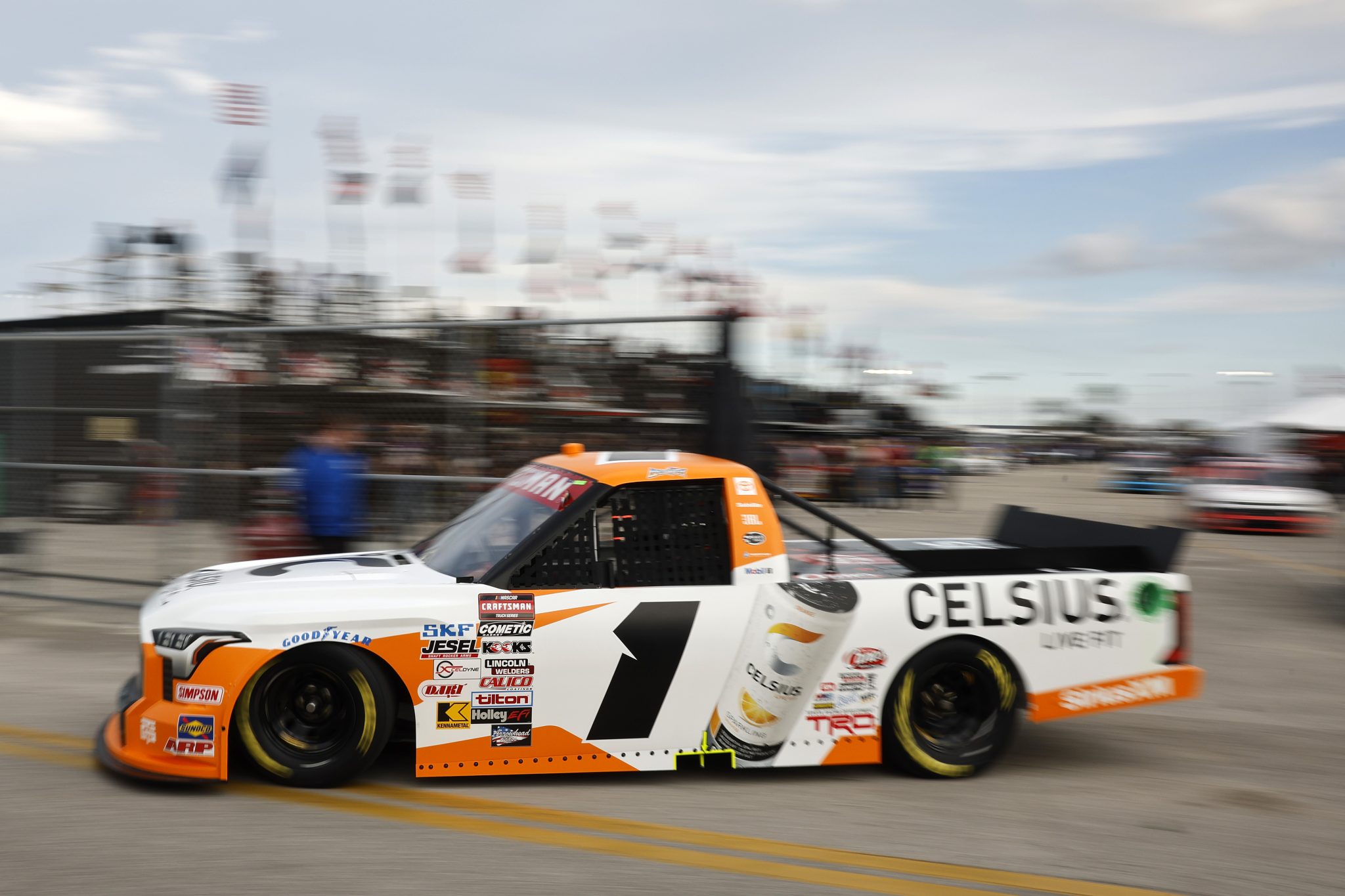 DAYTONA BEACH, FLORIDA - FEBRUARY 15: Toni Breidinger, driver of the #1 Celsius Toyota, exits the garage area during practice for the NASCAR Craftsman Truck Series Fresh from Florida 250 at Daytona International Speedway on February 15, 2024 in Daytona Beach, Florida. (Photo by James Gilbert/Getty Images) | Getty Images
