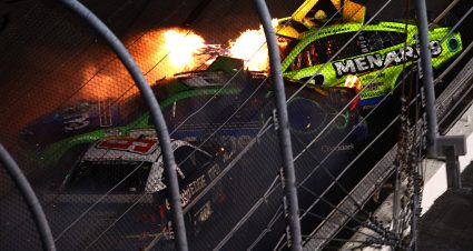 DAYTONA BEACH, FLORIDA - FEBRUARY 15: Ryan Blaney, driver of the #12 Menards/PEAK Ford, in flames after an on-track incident  with Kyle Busch, driver of the #8 Zone Chevrolet, and Brad Keselowski, driver of the #6 Castrol Edge Ford, during the NASCAR Cup Series Bluegreen Vacations Duel #2 at Daytona International Speedway on February 15, 2024 in Daytona Beach, Florida. (Photo by Jared C. Tilton/Getty Images) | Getty Images