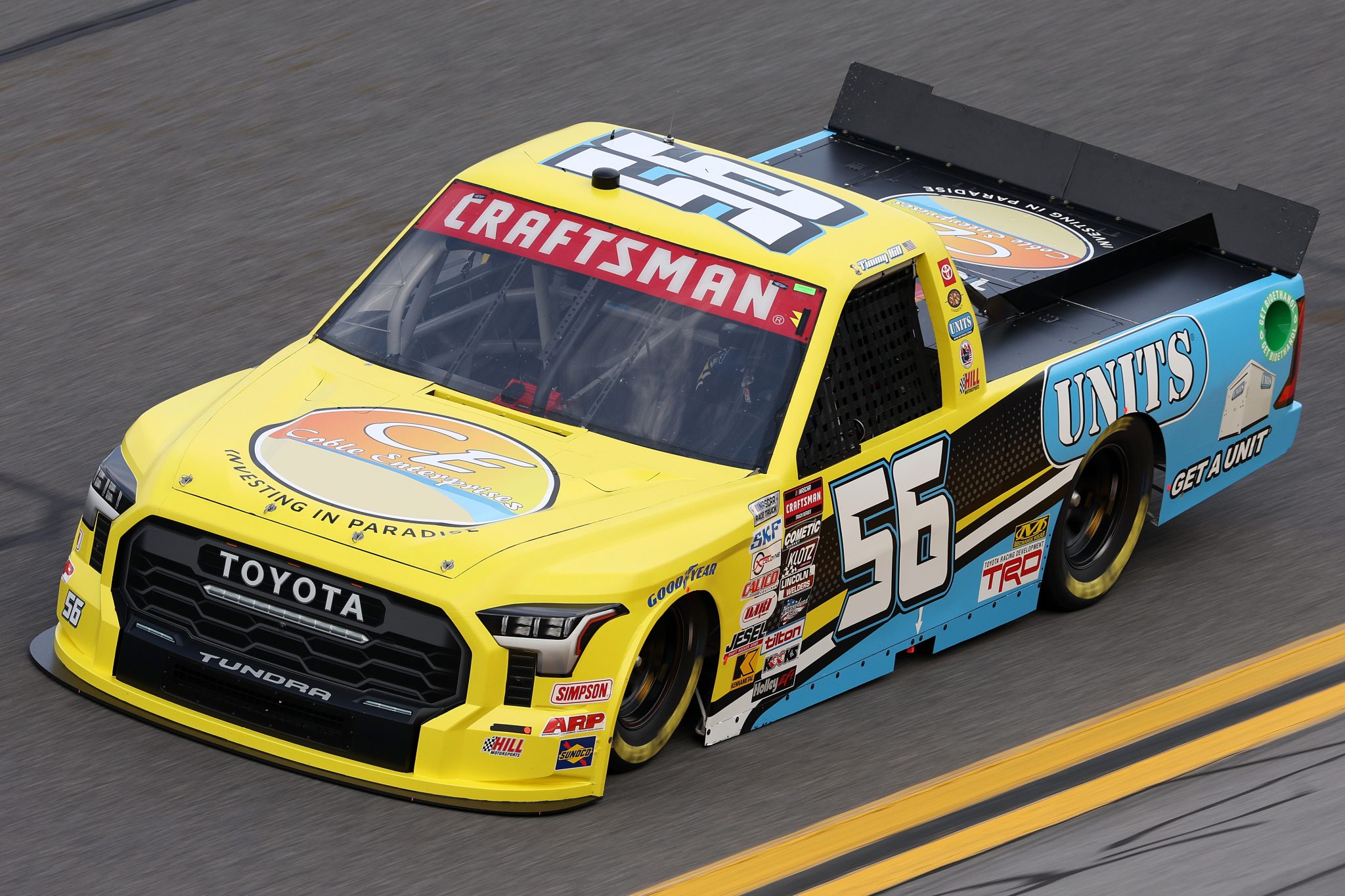 DAYTONA BEACH, FLORIDA - FEBRUARY 15: Timmy Hill, driver of the #56 Coble Enterprises/UNITS Toyota, drives during practice for the NASCAR Craftsman Truck Series Fresh from Florida 250 at Daytona International Speedway on February 15, 2024 in Daytona Beach, Florida. (Photo by Jared C. Tilton/Getty Images) | Getty Images