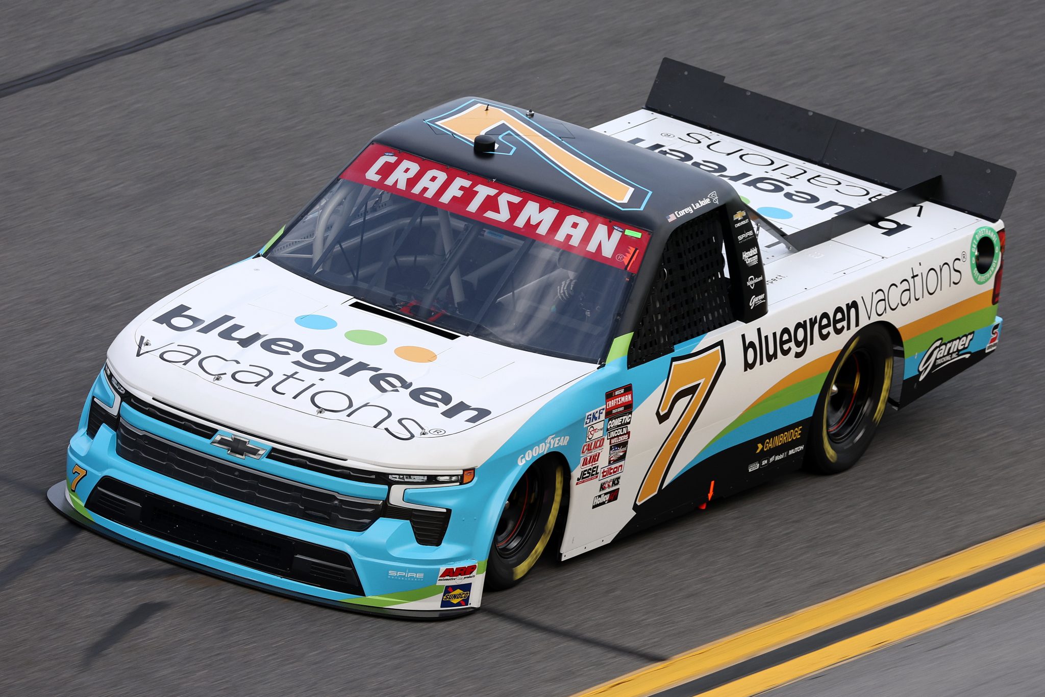DAYTONA BEACH, FLORIDA - FEBRUARY 15: Corey LaJoie, driver of the #7 Bluegreen Vacations Chevrolet, drives during practice for the NASCAR Craftsman Truck Series Fresh from Florida 250 at Daytona International Speedway on February 15, 2024 in Daytona Beach, Florida. (Photo by Jared C. Tilton/Getty Images) | Getty Images