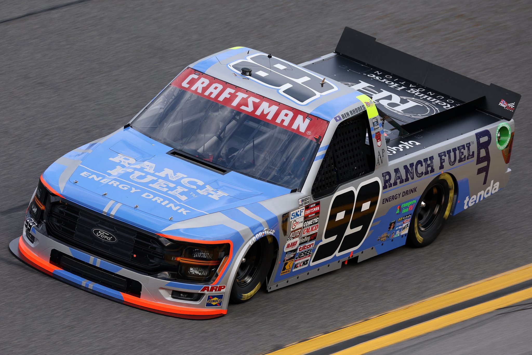 DAYTONA BEACH, FLORIDA - FEBRUARY 15: Ben Rhodes, driver of the #99 Ranch Fuel Energy Drink Ford, drives during practice for the NASCAR Craftsman Truck Series Fresh from Florida 250 at Daytona International Speedway on February 15, 2024 in Daytona Beach, Florida. (Photo by Jared C. Tilton/Getty Images) | Getty Images