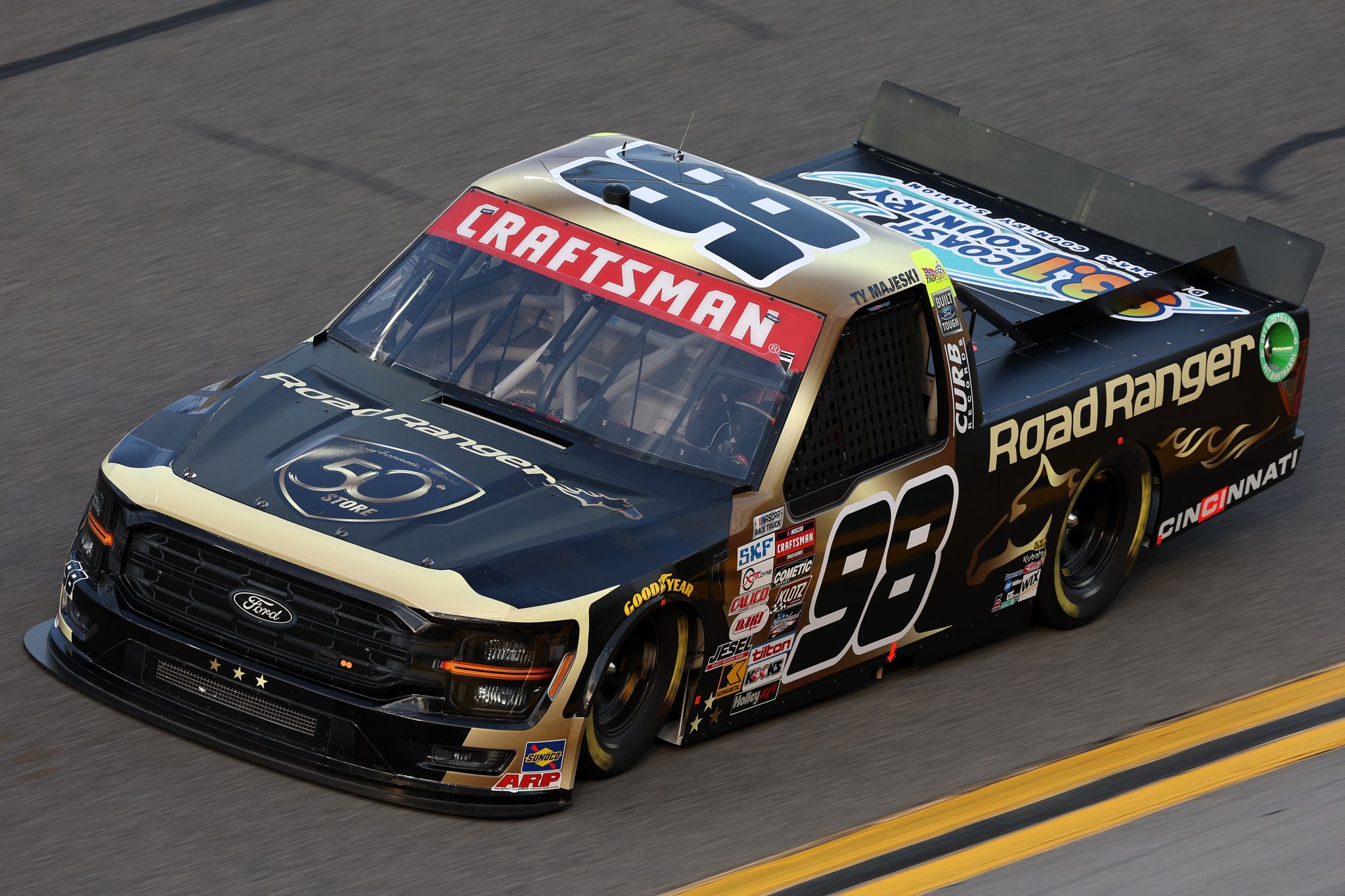 DAYTONA BEACH, FLORIDA - FEBRUARY 15: Ty Majeski, driver of the #98 Road Ranger 50th Store Ford, drives during practice for the NASCAR Craftsman Truck Series Fresh from Florida 250 at Daytona International Speedway on February 15, 2024 in Daytona Beach, Florida. (Photo by Jared C. Tilton/Getty Images) | Getty Images