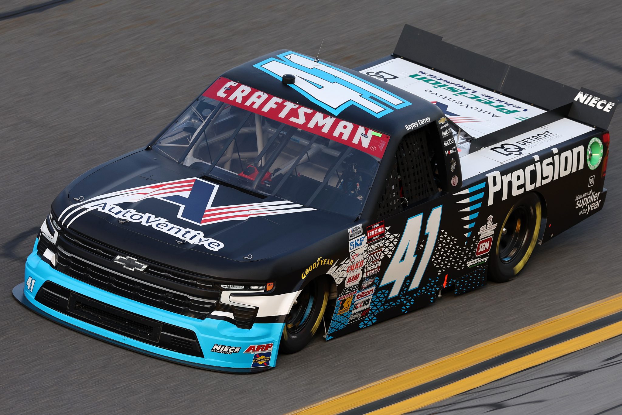 DAYTONA BEACH, FLORIDA - FEBRUARY 15: Bayley Currey, driver of the #41 AutoVentive/Precision Chevrolet, drives during practice for the NASCAR Craftsman Truck Series Fresh from Florida 250 at Daytona International Speedway on February 15, 2024 in Daytona Beach, Florida. (Photo by Jared C. Tilton/Getty Images) | Getty Images