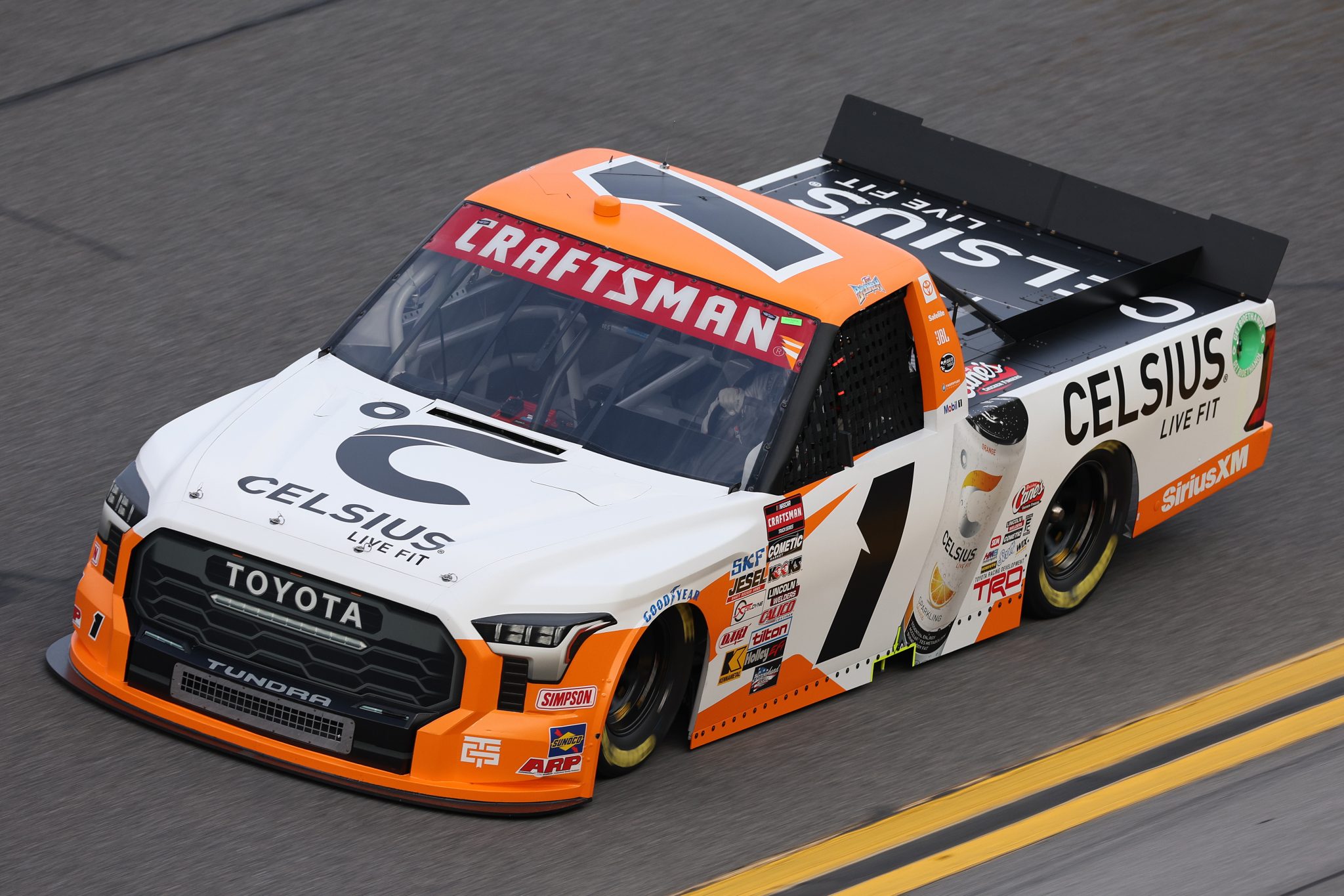 DAYTONA BEACH, FLORIDA - FEBRUARY 15: Toni Breidinger, driver of the #1 Celsius Toyota, drives during practice for the NASCAR Craftsman Truck Series Fresh from Florida 250 at Daytona International Speedway on February 15, 2024 in Daytona Beach, Florida. (Photo by Jared C. Tilton/Getty Images) | Getty Images