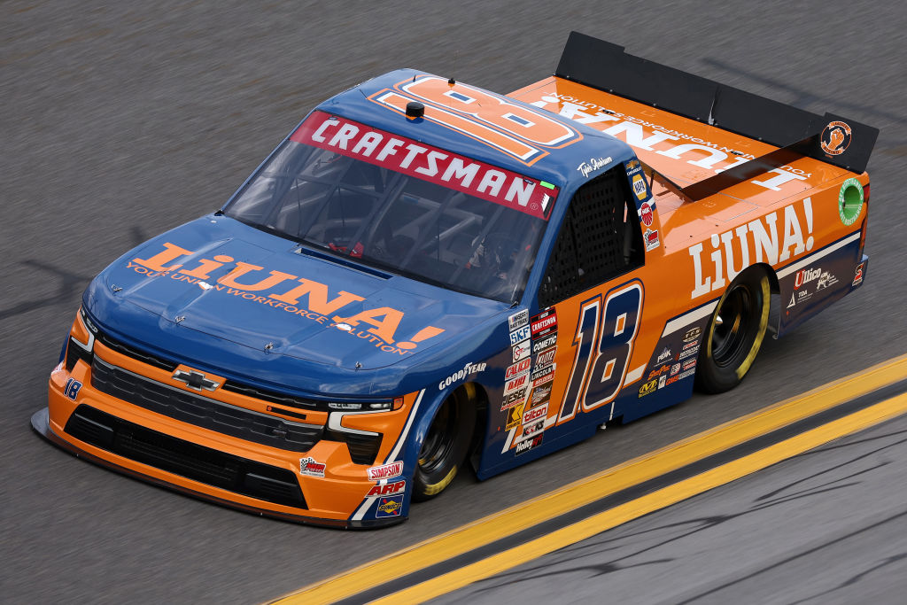DAYTONA BEACH, FLORIDA - FEBRUARY 15: Tyler Ankrum, driver of the #18 LiUNA! Chevrolet, drives during practice for the NASCAR Craftsman Truck Series Fresh from Florida 250 at Daytona International Speedway on February 15, 2024 in Daytona Beach, Florida. (Photo by Jared C. Tilton/Getty Images) | Getty Images