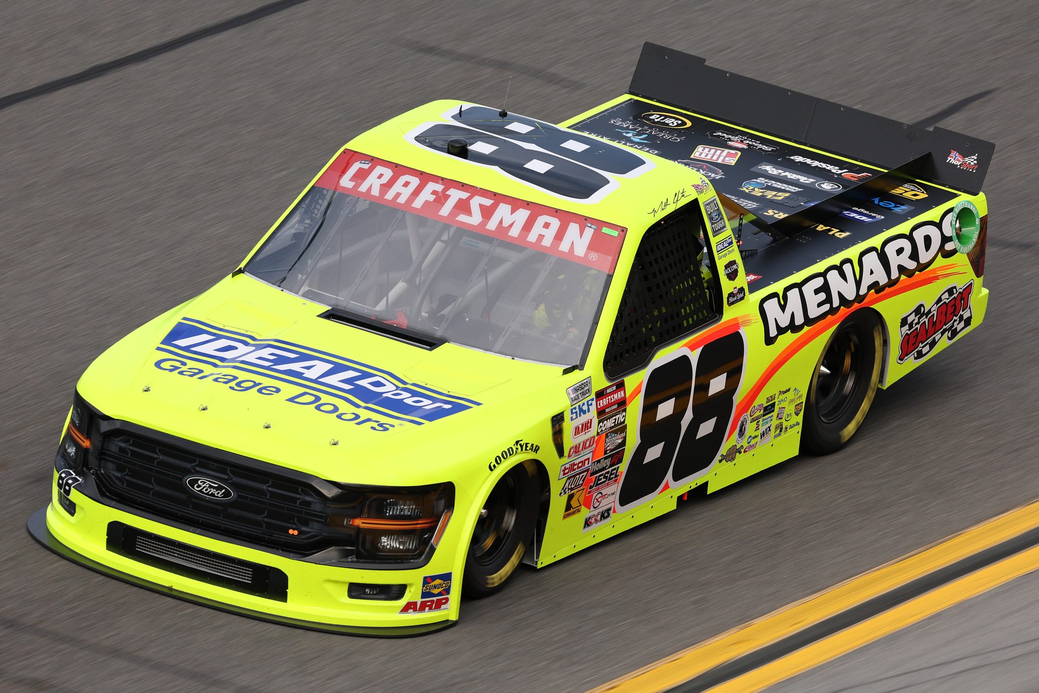 DAYTONA BEACH, FLORIDA - FEBRUARY 15: Matt Crafton, driver of the #88 Ideal Door/Menards Ford, drives during practice for the NASCAR Craftsman Truck Series Fresh from Florida 250  at Daytona International Speedway on February 15, 2024 in Daytona Beach, Florida. (Photo by Jared C. Tilton/Getty Images) | Getty Images