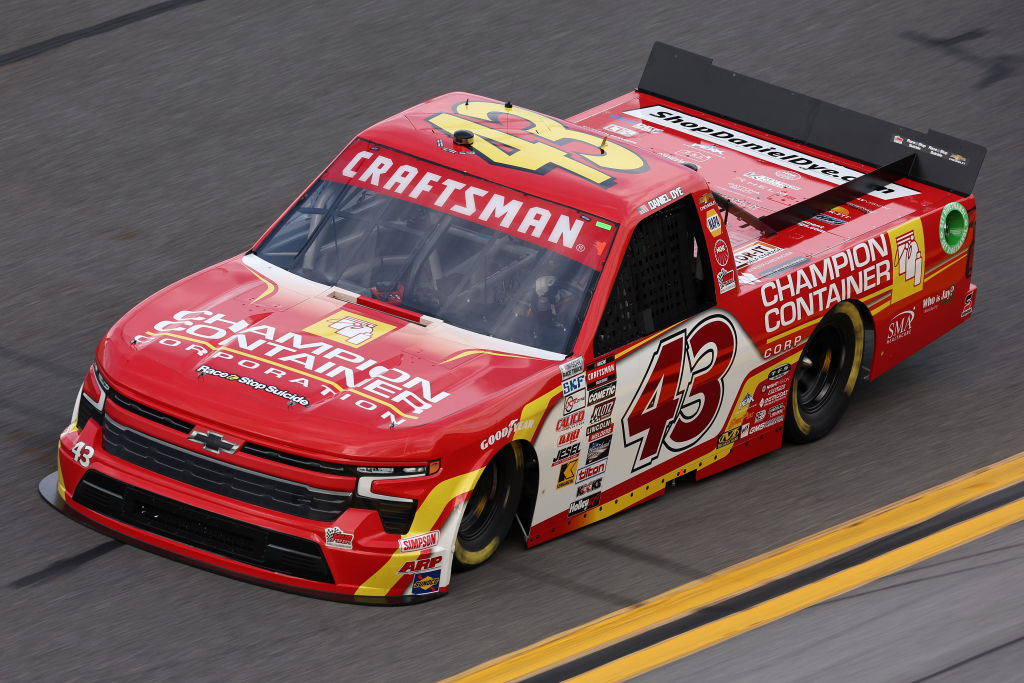 DAYTONA BEACH, FLORIDA - FEBRUARY 15: Daniel Dye, driver of the #43 Champion Container Chevrolet, drives during practice for the NASCAR Craftsman Truck Series Fresh from Florida 250 at Daytona International Speedway on February 15, 2024 in Daytona Beach, Florida. (Photo by Jared C. Tilton/Getty Images) | Getty Images