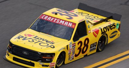DAYTONA BEACH, FLORIDA - FEBRUARY 15: Layne Riggs, driver of the #38 Love's RV Stops Ford, drives during the NASCAR Cup Series Bluegreen Vacations Duel #2 at Daytona International Speedway on February 15, 2024 in Daytona Beach, Florida. (Photo by Jared C. Tilton/Getty Images) | Getty Images