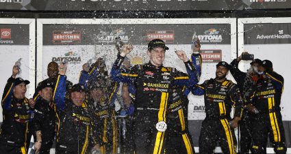 DAYTONA BEACH, FLORIDA - FEBRUARY 16: Nick Sanchez, driver of the #2 Gainbridge Chevrolet, celebrates in victory lane after winning the NASCAR Craftsman Truck Series Fresh from Florida 250 at Daytona International Speedway on February 16, 2024 in Daytona Beach, Florida. (Photo by Sean Gardner/Getty Images) | Getty Images