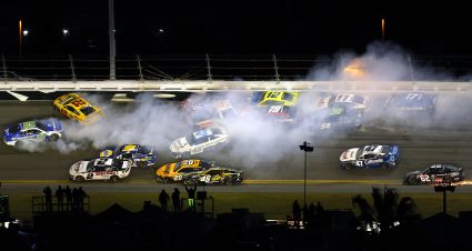 DAYTONA BEACH, FLORIDA - FEBRUARY 19: Daniel Suarez, driver of the #99 Freeway Insurance Chevrolet, Joey Logano, driver of the #22 Shell Pennzoil Ford, Erik Jones, driver of the #43 AdventHealth Toyota, Alex Bowman, driver of the #48 Ally Chevrolet, and Brad Keselowski, driver of the #6 Castrol Edge Ford, spin after an on-track incident during the NASCAR Cup Series Daytona 500 at Daytona International Speedway on February 19, 2024 in Daytona Beach, Florida. (Photo by Mike Ehrmann/Getty Images) | Getty Images