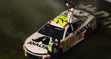 DAYTONA BEACH, FLORIDA - FEBRUARY 19: William Byron, driver of the #24 Axalta Chevrolet, celebrates after winning the NASCAR Cup Series Daytona 500 at Daytona International Speedway on February 19, 2024 in Daytona Beach, Florida. (Photo by Mike Ehrmann/Getty Images) | Getty Images