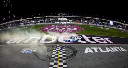 HAMPTON, GEORGIA - FEBRUARY 24: Austin Hill, driver of the #21 Bennett Transportation Chevrolet, celebrates with a burnout after winning the NASCAR Xfinity Series King of Tough 250 at Atlanta Motor Speedway on February 24, 2024 in Hampton, Georgia. (Photo by Alex Slitz/Getty Images) | Getty Images