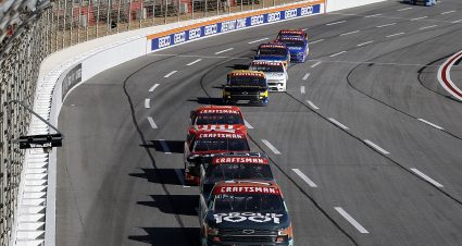 HAMPTON, GEORGIA - FEBRUARY 24: Kyle Busch, driver of the #7 Group 1001 Chevrolet, leads the field during the NASCAR Craftsman Truck Series Fr8 208 at Atlanta Motor Speedway on February 24, 2024 in Hampton, Georgia. (Photo by Alex Slitz/Getty Images) | Getty Images