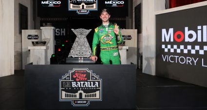 LOS ANGELES, CALIFORNIA - FEBRUARY 03: Daniel Suarez, driver of the #99 Quaker State Chevrolet, celebrates in victory lane after winning the NASCAR Mexico Series King Taco La Batalla en El Coliseo at Los Angeles Memorial Coliseum on February 03, 2024 in Los Angeles, California. (Photo by Meg Oliphant/Getty Images) | Getty Images