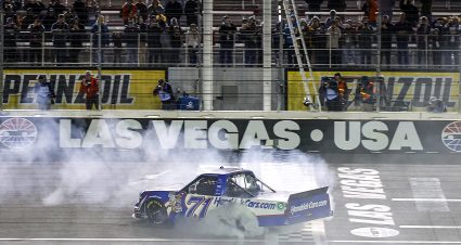 LAS VEGAS, NEVADA - MARCH 01: Rajah Caruth, driver of the #71 HendrickCars.com Chevrolet, celebrates with a burnout after winning the NASCAR Craftsman Truck Series Victoria's Voice Foundation 200 at Las Vegas Motor Speedway on March 01, 2024 in Las Vegas, Nevada. (Photo by Chris Graythen/Getty Images) | Getty Images