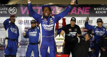 LAS VEGAS, NEVADA - MARCH 01: Rajah Caruth, driver of the #71 HendrickCars.com Chevrolet, celebrates in victory lane after winning the NASCAR Craftsman Truck Series Victoria's Voice Foundation 200 at Las Vegas Motor Speedway on March 01, 2024 in Las Vegas, Nevada. (Photo by Chris Graythen/Getty Images) | Getty Images