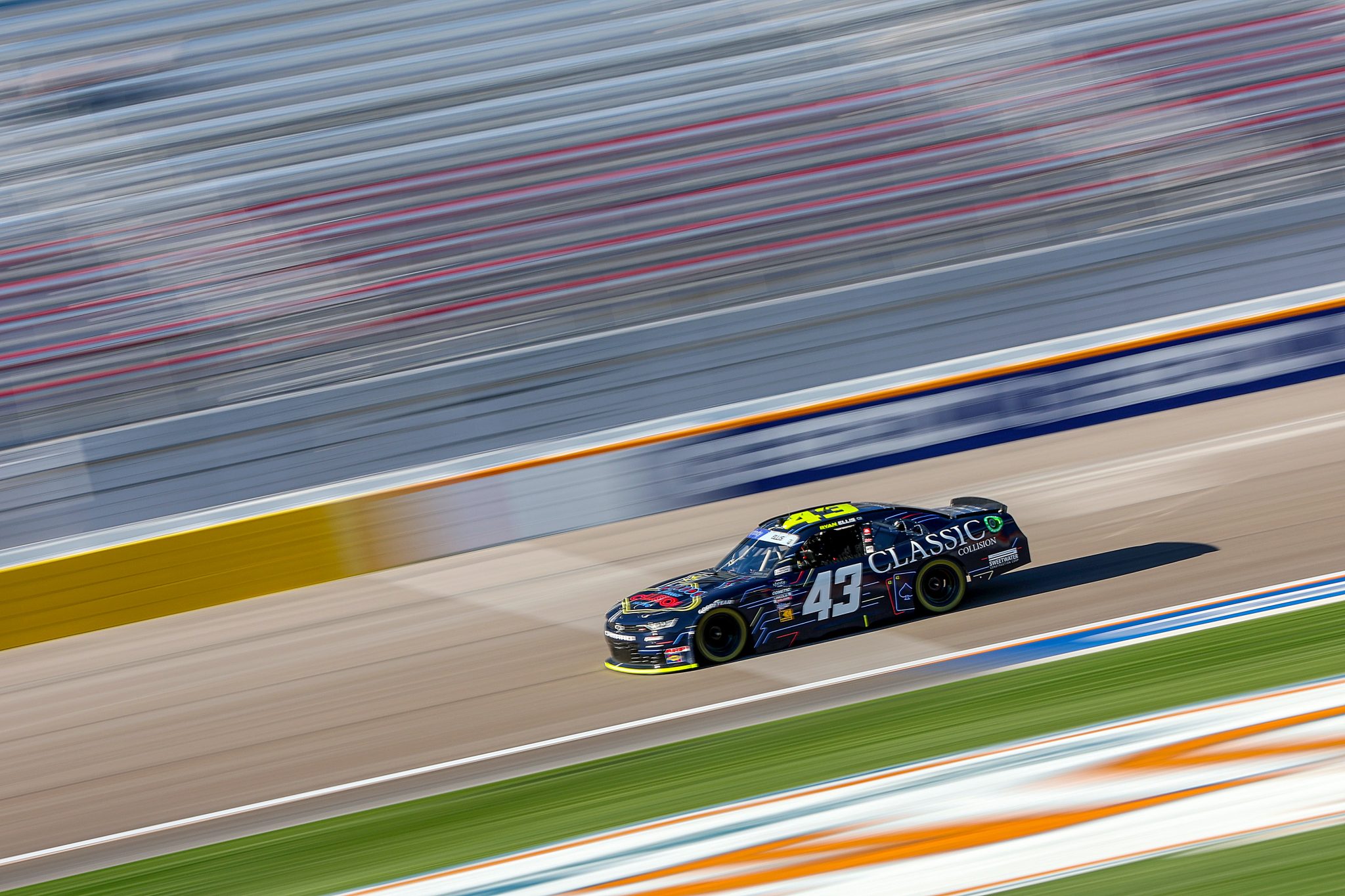LAS VEGAS, NEVADA - MARCH 01: Ryan Ellis, driver of the #43 Classic Collision Chevrolet, drives during practice for the NASCAR Xfinity Series The LiUNA! at Las Vegas Motor Speedway on March 01, 2024 in Las Vegas, Nevada. (Photo by Meg Oliphant/Getty Images) | Getty Images
