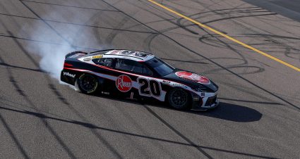 AVONDALE, ARIZONA - MARCH 10: Christopher Bell, driver of the #20 Rheem Toyota, celebrates with a burnout after winning the NASCAR Cup Series Shriners Children's 500 at Phoenix Raceway on March 10, 2024 in Avondale, Arizona. (Photo by Meg Oliphant/Getty Images) | Getty Images
