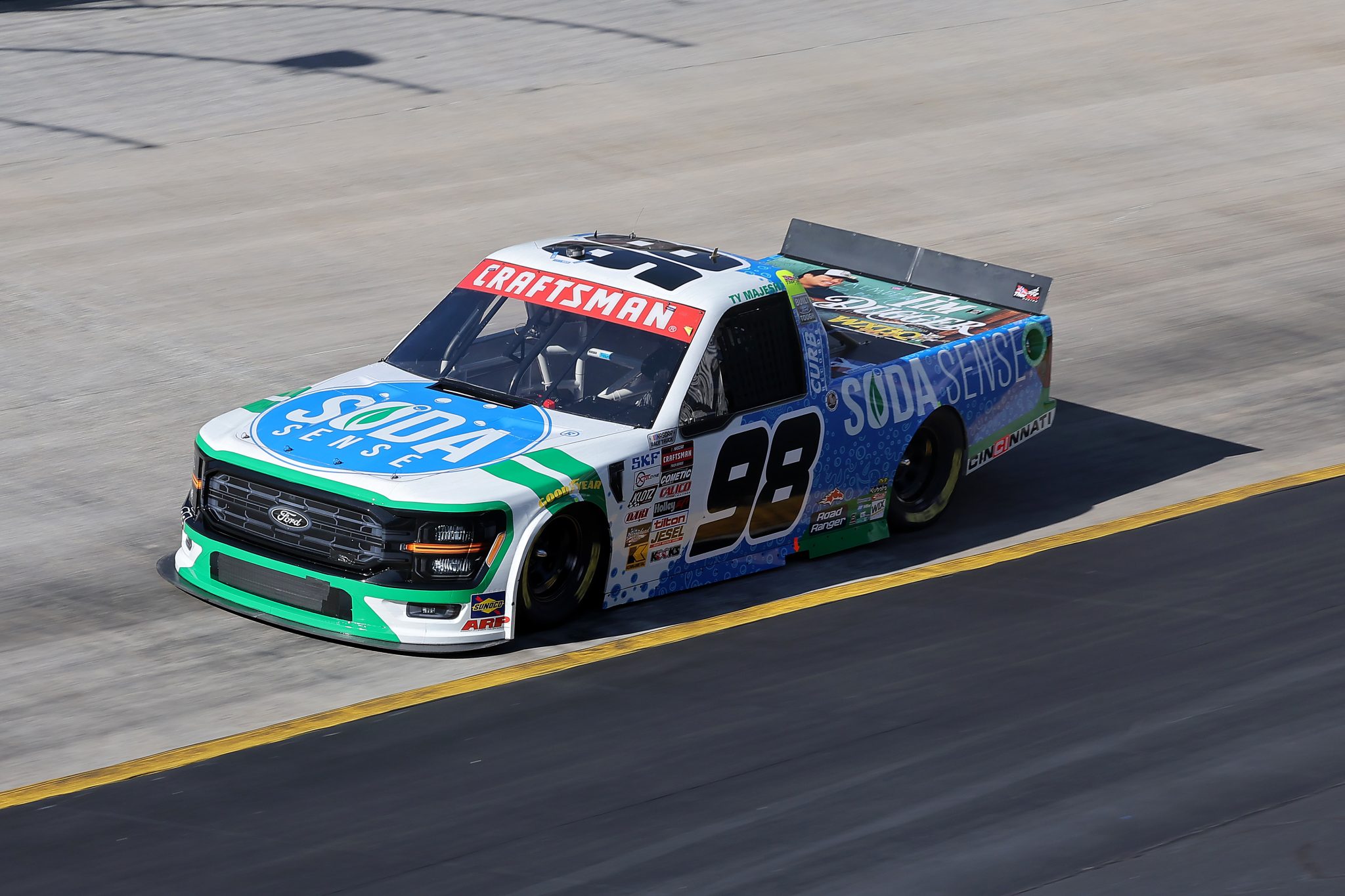 BRISTOL, TENNESSEE - MARCH 16: Ty Majeski, driver of the #98 Soda Sense/Curb Records Ford, drives during qualifying for the NASCAR Craftsman Truck Series Weather Guard Truck Race at Bristol Motor Speedway on March 16, 2024 in Bristol, Tennessee. (Photo by Jonathan Bachman/Getty Images) | Getty Images