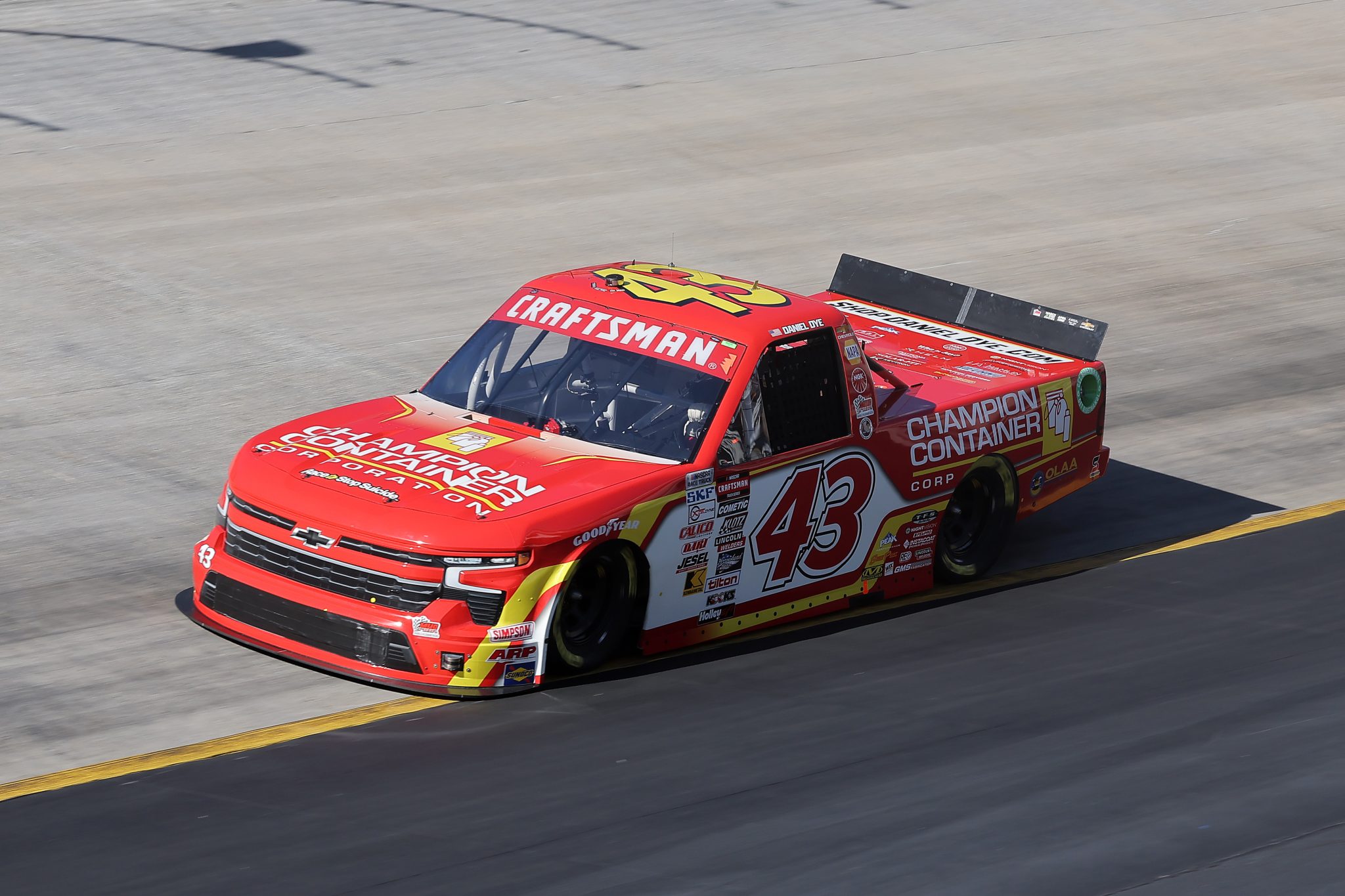 BRISTOL, TENNESSEE - MARCH 16: Daniel Dye, driver of the #43 Champion Container Chevrolet, drives during qualifying for the NASCAR Craftsman Truck Series Weather Guard Truck Race at Bristol Motor Speedway on March 16, 2024 in Bristol, Tennessee. (Photo by Jonathan Bachman/Getty Images) | Getty Images