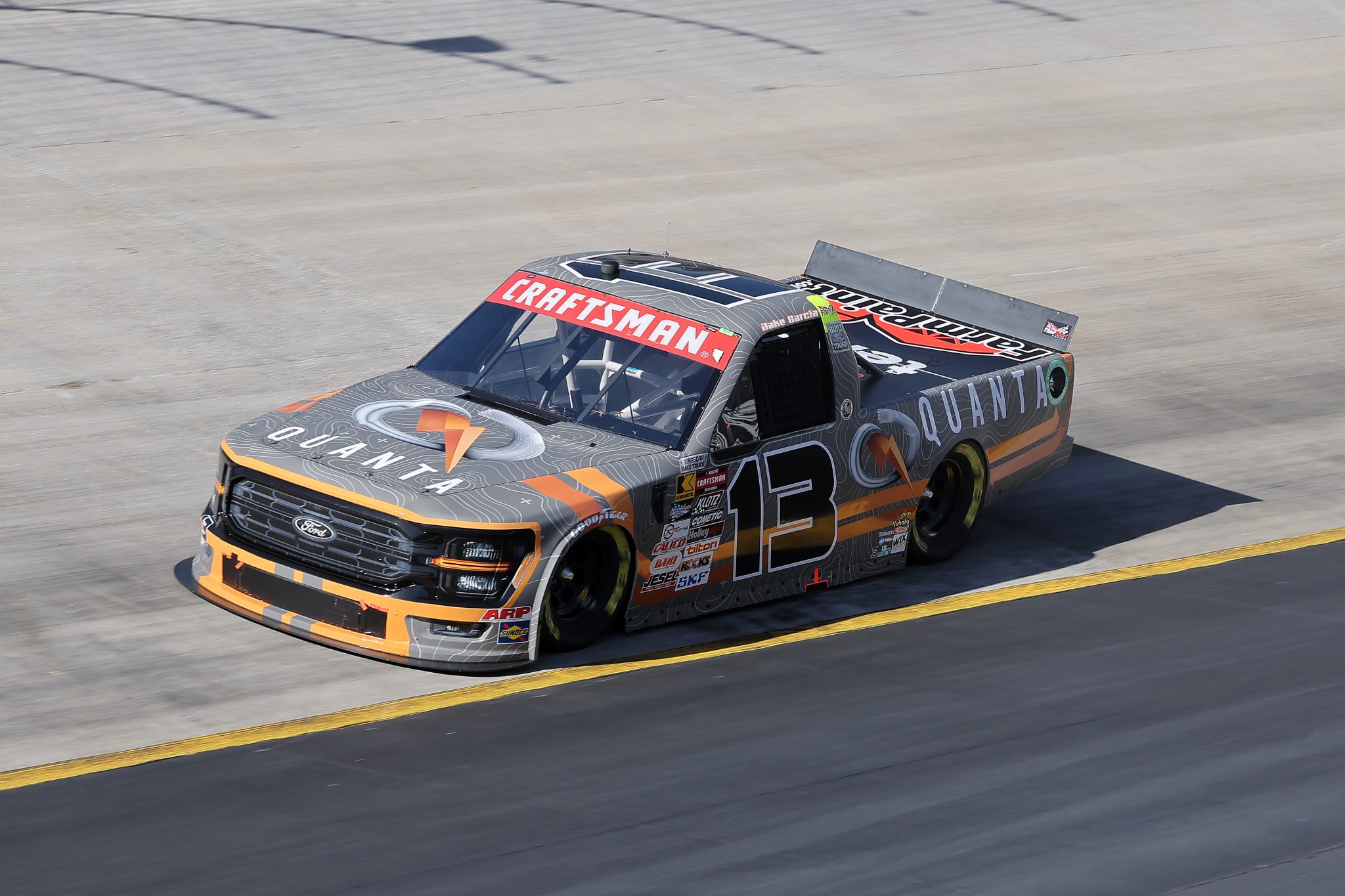 BRISTOL, TENNESSEE - MARCH 16: Jake Garcia, driver of the #13 Quanta Services Ford, drives during qualifying for the NASCAR Craftsman Truck Series Weather Guard Truck Race at Bristol Motor Speedway on March 16, 2024 in Bristol, Tennessee. (Photo by Jonathan Bachman/Getty Images) | Getty Images