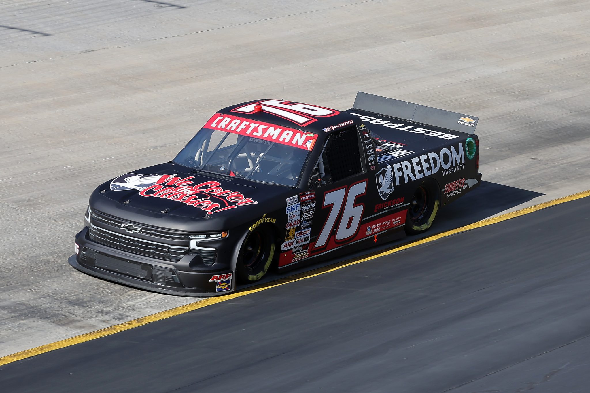 BRISTOL, TENNESSEE - MARCH 16: Spencer Boyd, driver of the #76 Freedom Warranty Chevrolet, drives during qualifying for the NASCAR Craftsman Truck Series Weather Guard Truck Race at Bristol Motor Speedway on March 16, 2024 in Bristol, Tennessee. (Photo by Jonathan Bachman/Getty Images) | Getty Images