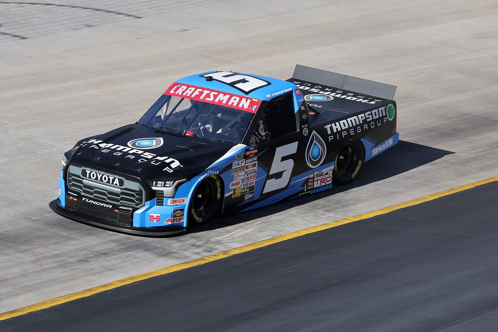 BRISTOL, TENNESSEE - MARCH 16: Dean Thompson, driver of the #5 Thompson Pipe Group Toyota, drives during qualifying for the NASCAR Craftsman Truck Series Weather Guard Truck Race at Bristol Motor Speedway on March 16, 2024 in Bristol, Tennessee. (Photo by Jonathan Bachman/Getty Images) | Getty Images