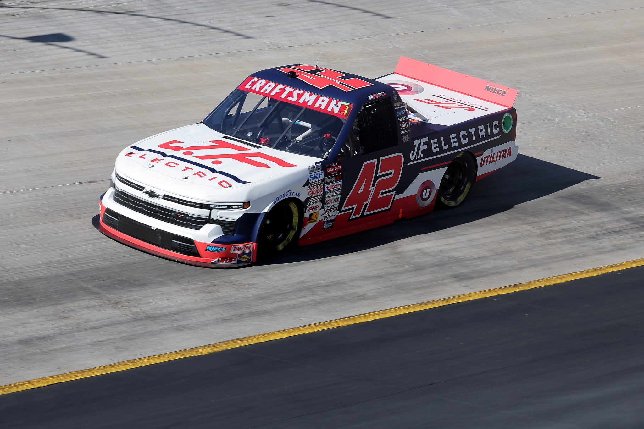 BRISTOL, TENNESSEE - MARCH 16: Matt Mills, driver of the #42 J.F. Electric/Utilitra Chevrolet, drives during qualifying for the NASCAR Craftsman Truck Series Weather Guard Truck Race at Bristol Motor Speedway on March 16, 2024 in Bristol, Tennessee. (Photo by Jonathan Bachman/Getty Images) | Getty Images