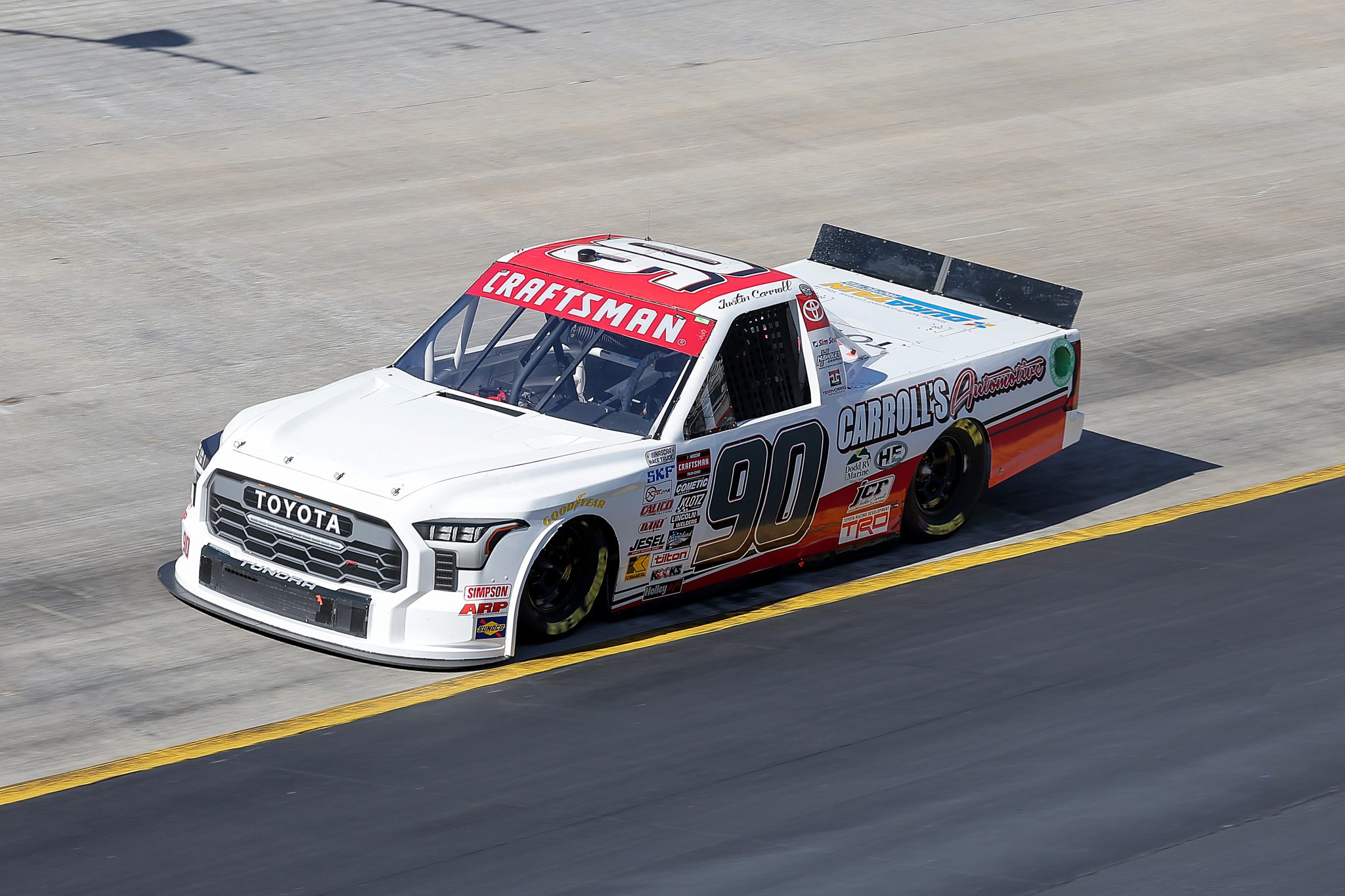 BRISTOL, TENNESSEE - MARCH 16: Justin Carroll, driver of the #90 Carroll's Automotive/Duratain Toyota, drives during qualifying for the NASCAR Craftsman Truck Series Weather Guard Truck Race at Bristol Motor Speedway on March 16, 2024 in Bristol, Tennessee. (Photo by Jonathan Bachman/Getty Images) | Getty Images